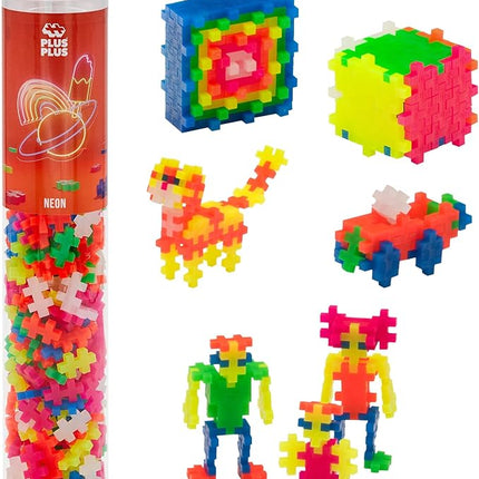 PLUS PLUS 240 Piece Interlocking Building Blocks for Kids, Open Ended Connecting Toys, STEM Bin Classroom Mini Manipulatives - Neon Mix Play Tube