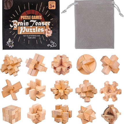 VolksRose 15pcs Wooden Brain Teaser Puzzles, IQ Challenge Puzzle Games, Logic Mind Puzzle Box Lock Toy Disentanglement 3D Small Brain Puzzle Gift Set for Adults Teenagers Kids, 1.8inch 4.5cm