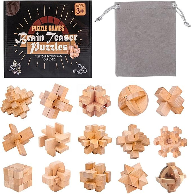 VolksRose 15pcs Wooden Brain Teaser Puzzles, IQ Challenge Puzzle Games, Logic Mind Puzzle Box Lock Toy Disentanglement 3D Small Brain Puzzle Gift Set for Adults Teenagers Kids, 1.8inch 4.5cm