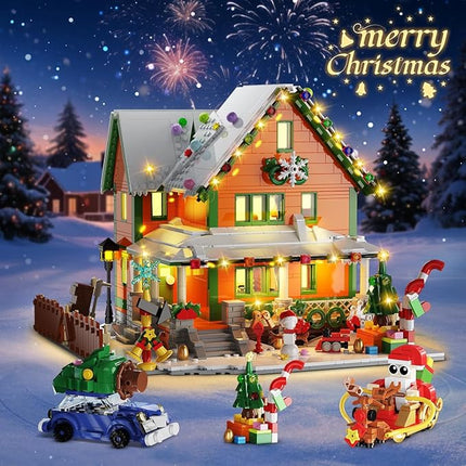 Advent Calendar 2025 Christmas House Mini Building Set with Light, 24 Days Countdown Snow Village Building Block Kit with Santa Claus Sleigh, Holiday Building Toy Gift for Adults Boys Girls 14+