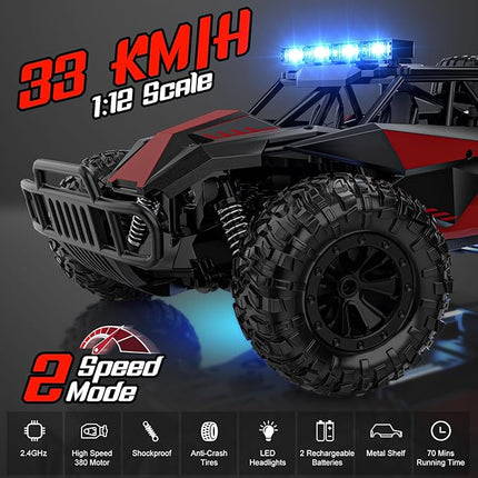 BLUEJAY Remote Control Car, 2.4GHz High Speed 33KM/H RC Cars Toys, 1:12 Monster RC Truck Off Road with LED Headlight and Rechargeable Battery Gifts for Adults Boys 8-12