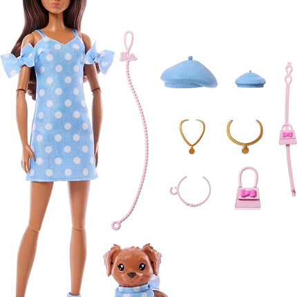 Barbie Twinning Looks Doll with Pet Dog in Matching Blue Polka Dot Clothes and Accessories for Both Like Berets and Purses, Brown Hair