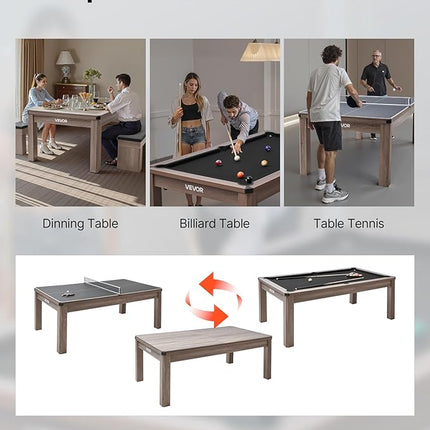 VEVOR 7ft Pool Table Combo Set, 3-in-1 Multi Game Billiards Tables with Dining Top and Ping Pong, 2 Benches for Storage and Accessories, Includes Ball Cue Rack Chalk Brush, for Family Recreation Room