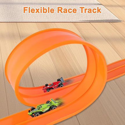 15 Ft Double Sided Flexible Race Track Set with 6 Toy Cars for Kids (Orange)