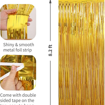 2 Pack Gold Foil Fringe Curtains Streamers Party Decorations 3.3 x 8.2 ft, Gold Tinsel Curtain Fringe Backdrop for Parties, Door Fringe Birthday Streamers, Photo Booth Backdrops, Party Decor