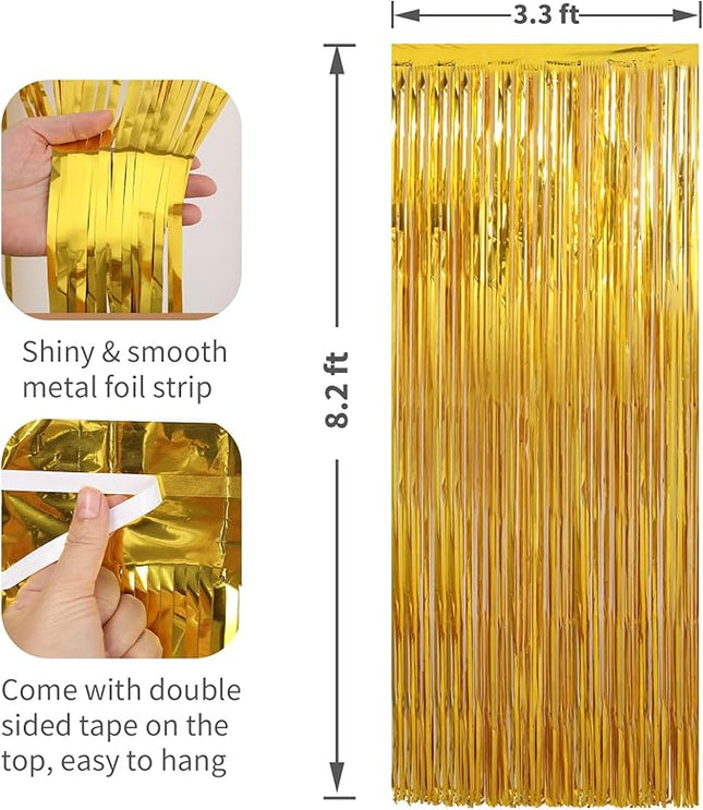 2 Pack Gold Foil Fringe Curtains Streamers Party Decorations 3.3 x 8.2 ft, Gold Tinsel Curtain Fringe Backdrop for Parties, Door Fringe Birthday Streamers, Photo Booth Backdrops, Party Decor