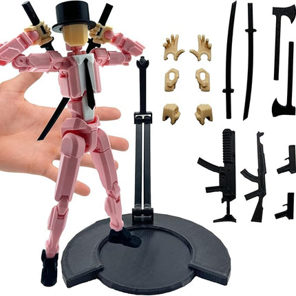 3D Printed 8.13-inch Action Figure Dummy-Mici20, Full Body Mechanical Movable Toy, Multiple Accessories, Desk Decoration (3 HandsType, Bracket, Weapons, Armour) (Pink)