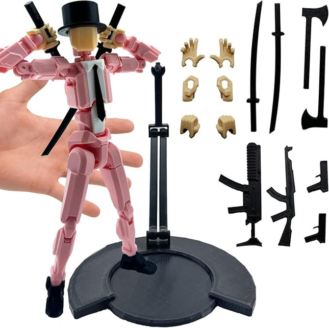 3D Printed 8.13-inch Action Figure Dummy-Mici20, Full Body Mechanical Movable Toy, Multiple Accessories, Desk Decoration (3 HandsType, Bracket, Weapons, Armour) (Pink)