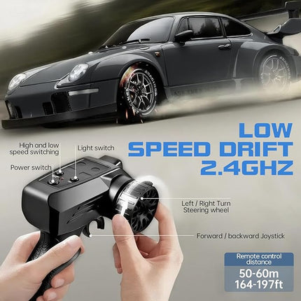 1:24 Scale RC Drift Car with Proportional Tuning & Gyro Control – 25km/h 4WD High Speed, Dual Batteries 50+ Min Play, 2.4GHz Remote – Multi-Surface Drift Tires + LED Lights Storm Drive