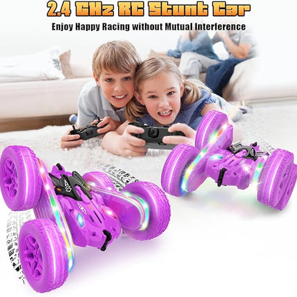 Remote Control Cars for Girls, 2.4GHz RC Stunt Car with 360° Flips & Double Sided Driving, LED Strip Lights and Headlights, Changeable Wheels, Birthday Gift for 5-12 Year Old Girls (Purple)