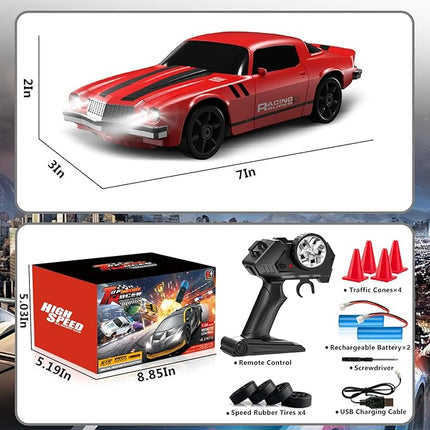Remote Control Car RC Drift Car 2.4GHz 1:24 4WD 15KM/H High Speed Racing Sport Car with LED Lights Drifting Tire Racing Sport Toy for Adults Boys Girls Kids Gift 2Pcs Rechargeable Batteries