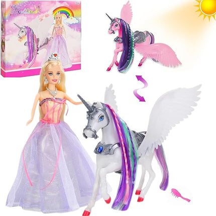 Yellow River Color Changing Unicorn & Princess Doll, Color Change on Whole Unicorn Under Sunshine, 12'' Doll and 11'' Unicorn Toys & Gifts with Removable Saddle & Wings for Girls