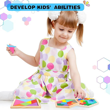 5 Pack Wooden Tangrams Puzzle Set Wooden Hexagon Puzzle Wood Russian Blocks Tangram Puzzle Brain Teaser Puzzles for Kids Adults 3D Logic Intelligence IQ Game Gift
