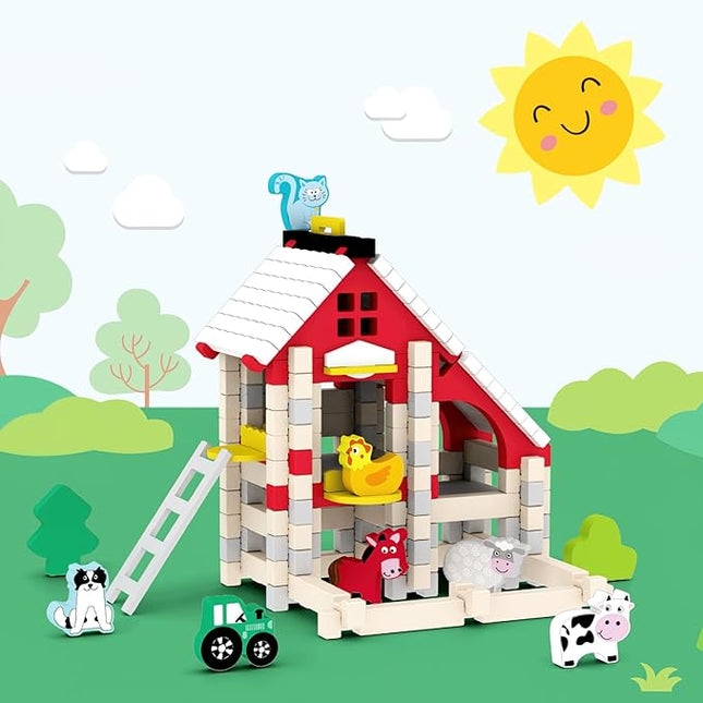 127PCS Wooden Building Blocks Set for Toddlers, Construction City Stacking Toys, Preschool Learning Educational Toys for Kids 3+ Years Girls and Boys (Farm)