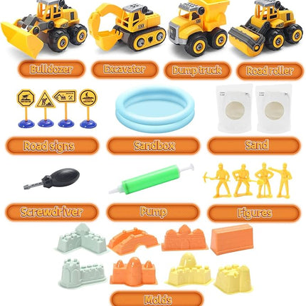 Play Construction Sand Kit,2.2lbs Magic Sand W/4 Large Take Apart Construction Trucks,1 Sandbox,8 Worker Figures and Road Signs,8 Molds,Toys for 2-8 Years Old Boys Girls