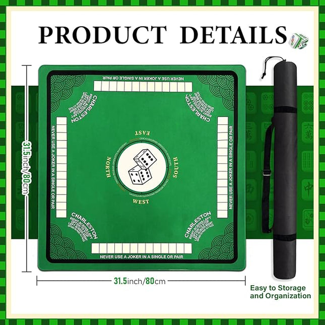 Mahjong Mat for Table with Anti Slip and Noise Reduction, 31.5" x 31.5" Game Mat with Carrying Bag for Poker, Card, Board & Tile Games(Green)