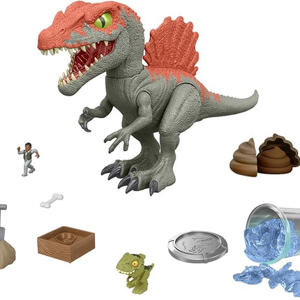 Mattel Jurassic World Crushivores Mini Dinosaur Figure & Accessories, Cage Crasher Spinosaurus Unboxing Toy with Surprises Including Sand, Gel & Dough