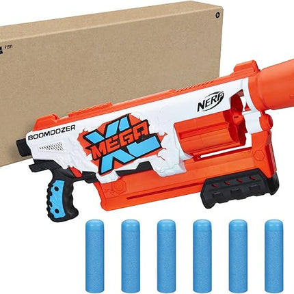 Nerf Mega XL Boom Dozer Blaster, Largest Mega Darts Ever, XL 6-Dart Rotating Drum, 6 Mega XL Whistler Darts, Pump Action
