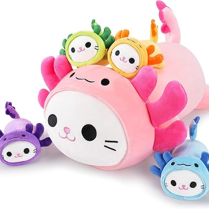 5 PCS Axolotl Cat Plush Stuffed Animal Family-19" Soft Axolotl Cat Plush, Large Mommy Plushies with 4 Baby Kittens Plushies for Kids, Kawaii Plushie Toy Christmas Birthday Gifts for Kids Boys Girls