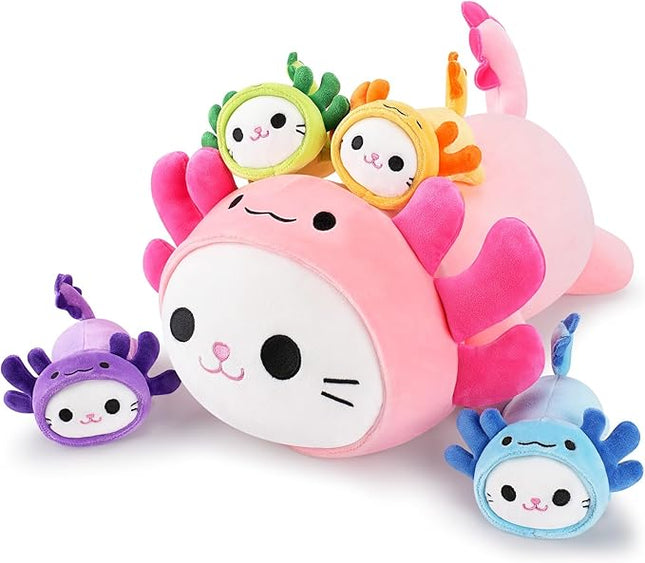 5 PCS Axolotl Cat Plush Stuffed Animal Family-19" Soft Axolotl Cat Plush, Large Mommy Plushies with 4 Baby Kittens Plushies for Kids, Kawaii Plushie Toy Christmas Birthday Gifts for Kids Boys Girls
