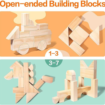 Large Wooden Building Blocks Set - Educational Preschool Learning Toys with Wooden Storage Box, Toddler Blocks Building and Stacking Toys for 3+ Year Old Boy and Girl Gifts