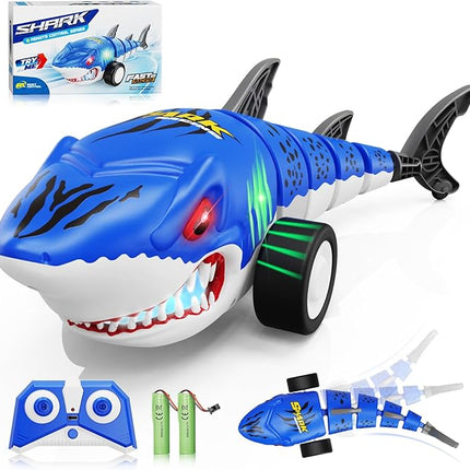 Remote Control Shark Toys, RC Shark Cars with Led Light, Rechargeable RC Robot Toy for Kids, 360° Rotating & Swinging Tail, Birthday Gifts for Girls Boys Age 3-5 5-7 8-10