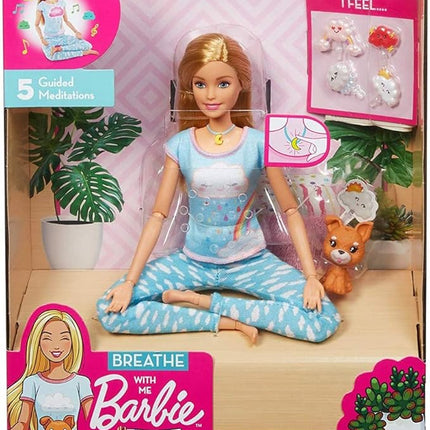 Barbie Breathe with Me Meditation Doll, Blonde, with 5 Lights & Guided Meditation Exercises, Puppy and 4 Emoji Accessories, Gift for Kids 3 to 8 Years Old