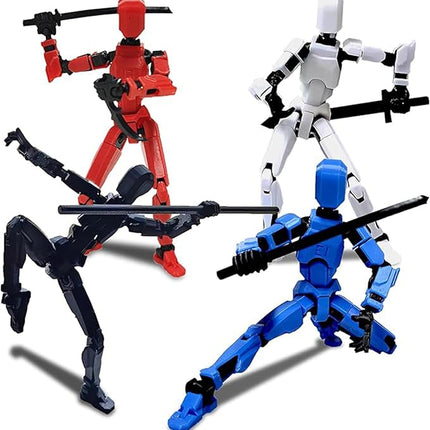 (Assembly Completed) T13 Action Figures Set Lucky Dummy Nova 13 Action Figure Robot Anime Stick Figures Fidget Toys for Boys Multi Movable Joints Gifts Toys for Kids (White+Black+Blue+Yellow)