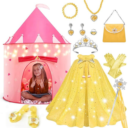 WTOR 15Pcs Princess Castle Play Tent Dress Up with LED Glow in The Dark Stars for Little Girls－Princess Dress Up Cape with Crown,Girl Play Tent/House Toy for Indoor & Outdoor Use (Yellow)