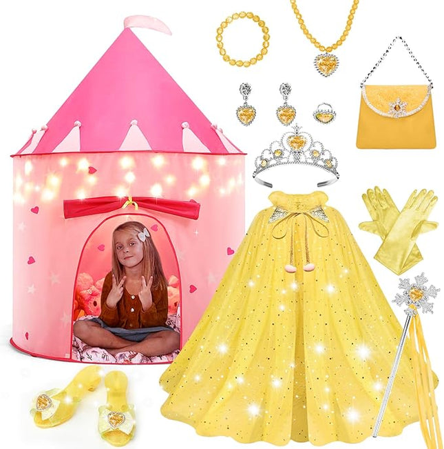 WTOR 15Pcs Princess Castle Play Tent Dress Up with LED Glow in The Dark Stars for Little Girls－Princess Dress Up Cape with Crown,Girl Play Tent/House Toy for Indoor & Outdoor Use (Yellow)