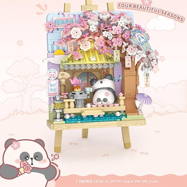 MEIEST Panda Mini Building Blocks Cute 3D Painting Model Set,Creative 4 Seasons' Views Collection Construction Building Bricks Toy,Home Decor (Spring-Cherry Blossom)