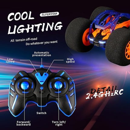 Indoor RC Car Stunt Remote Control Car Toys with Soft Wheels RC Cars for Kids Indoor Outdoor with LED headlight & Crazy Stunts 360° Flips Double Sided Vehicle 2.4GHz Remote Control for Boys Girls Gift