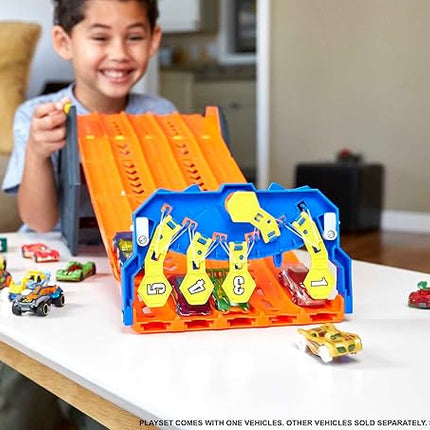 Hot Wheels Track Builder Action, Roll Out Raceway, Track Set with 5 Lane Racetrack and Toy Storage Bucket, Includes 1 Toy Car, Toys for Ages 4 to 10, One Pack, HGK41