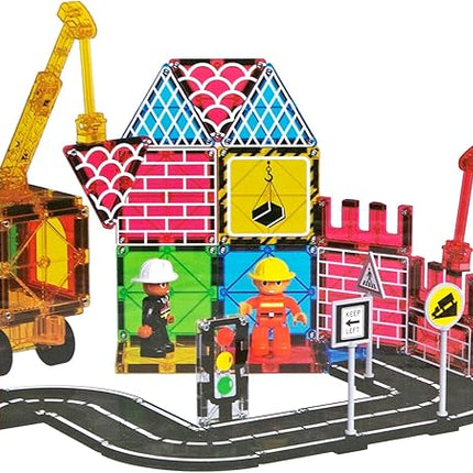 Playmags City Construction Magnetic Tiles Set, Building Blocks with Crane & Road Pieces, Educational STEM Toys for Boys & Girls Ages 3+ 52-Piece