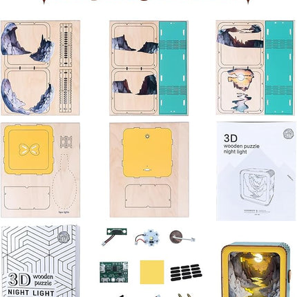 3D Puzzle Nightlight-DIY LED Light 3D Cave Wooden Puzzle-Art Lamp and Craft Kits for Kids and Adults-Birthday Gifts Toys-Home Desk Decor Family Game