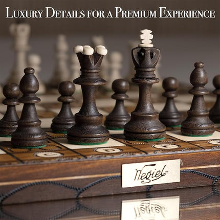 Wegiel Handmade Junior European International Chess Set - 16 Inch Luxury Wooden Chess Set for Adults and Kids, Premium Beech and Birch Wood - Unique Folding Design with Storage