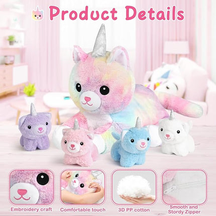 KMUYSL Toys for Ages 3 4 5 6 7 8+ Years - Plush Mommy Stuffed Animal with 4 Babies in Her Tummy, Soft Plush Toys Set, Christmas Birthday Gifts for Girls Boys Baby, Toddler, Kids (Unicorn Cat Toys)