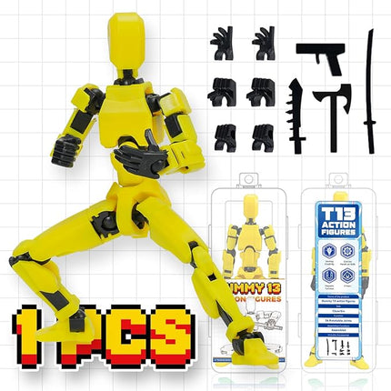 [Assembly Complete] Dummy 13 Action Figures with Magnetic Suction Function, Lucky Titan 13 Action Figures, Multi-Jointed Movable，with 3 Hand-Shapes, 5 Weapons (1Pcs - Yellow)