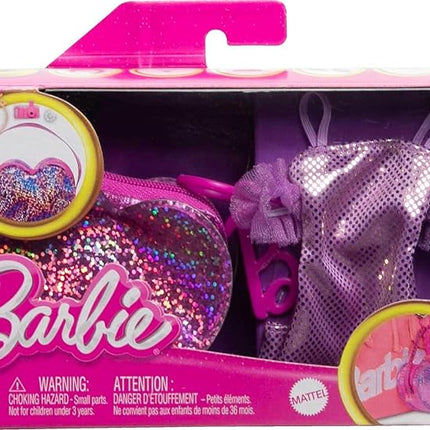 Barbie Clothes Set, Birthday-Themed with Dress, 5 Acessories & Zippered Doll-Sized Heart-Shaped Bag with Clip-On Ring