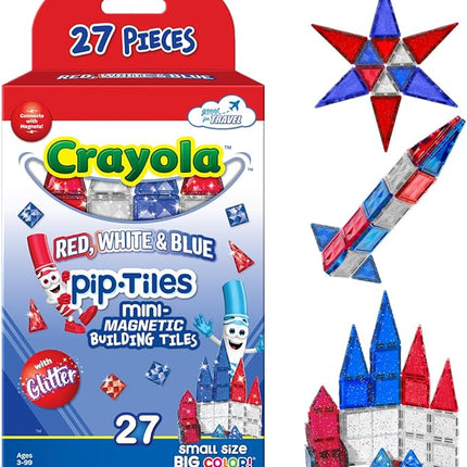 CreateOn Crayola Red, White & Blue Glitter PIP Magnetic Tiles, Magnetic Kids’ Building Toys, Classroom Sensory Blocks, STEM Learning Travel Toys for Boys and Girls, 27-Piece Set