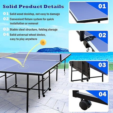 Table Tennis Table Mid-Size, Foldable Ping Pong Table Top Full Size with 2 Paddles, 2 Balls, 1 Net & 4 Wheels, Folding Table Tennis for Indoor & Outdoor, Quick Assembly to Support Multiplayer