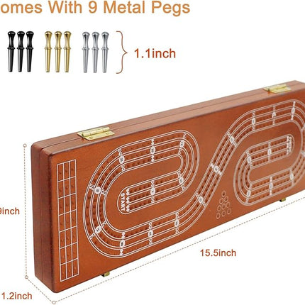 Cribbage Board Game Set 3 Tracks, Plusvivo Solid Oak Wood Cribbage Boards Unique with 9 Metal Pegs & 2 Storage Area, 15.5 X 4.9 X 1.2 in Travel Portable Cribbage Game Sets for Family