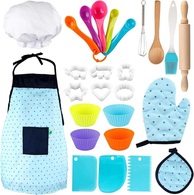 Vanmor Kids Basic Cooking and Baking Sets, 26 Pcs Toddler Baking Sets with Kids Chef Hat and Apron for Girls Boys Dress Up Chef Costume Career Role-Playing Toys for 3456 Years Old Girl Boys Gifts