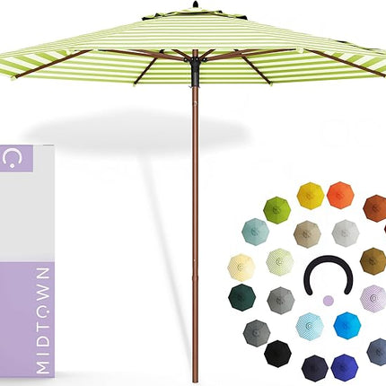 The Wooden 9 Feet Outdoor Umbrella With Terylast Pear Stripes (Light Green/White Stripes) Polyester Fabric - Aluminum Frame Patio Umbrella With Push System For Deck, Garden, Pool - Wooden Pole