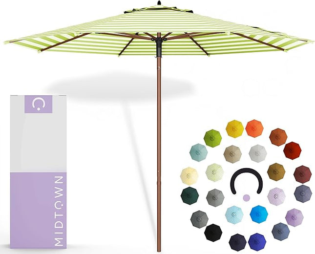 The Wooden 9 Feet Outdoor Umbrella With Terylast Pear Stripes (Light Green/White Stripes) Polyester Fabric - Aluminum Frame Patio Umbrella With Push System For Deck, Garden, Pool - Wooden Pole