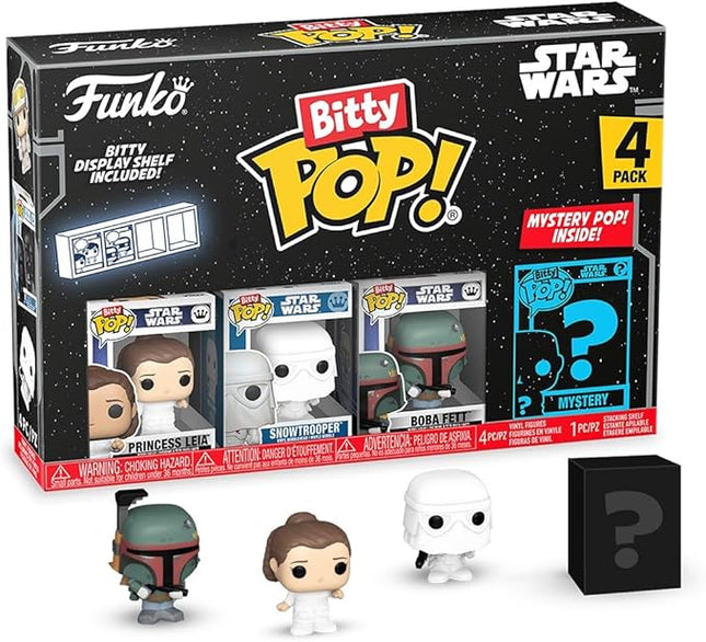 Funko Bitty Pop! Star Wars - Leia, Snowtrooper, Boba Fett, & A Surprise Mystery Figure - 0.9 Inch (2.2 Cm) Collectable - Stackable Display Shelf Included - Gift Idea - Party Bags - Cake Topper