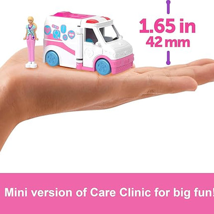 Barbie Mini BarbieLand Doll & Toy Vehicle Set with 1.5-inch Doll, Color-Change Care Clinic Vehicle & Medical Office