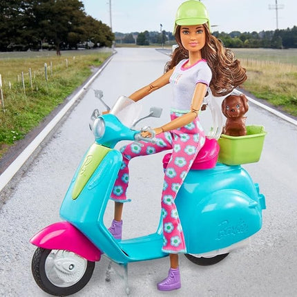 Barbie Fashionistas Doll and Scooter Travel Playset with Pet Puppy and Themed Accessories