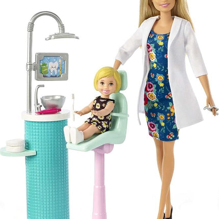 Barbie Careers Playset, Dentist Set with Brunette Fashion Doll, 1 Blonde Toddler Small Doll, Furniture & Accessories