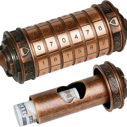 wellsee Cryptex Da Vinci Code Numeric Lock-Metal Puzzle Boxes with Hidden Compartments-Money Box for Cash Gift-Unlock Games for Adults-Creative Holiday Birthday for Woman & Men-Redbronze